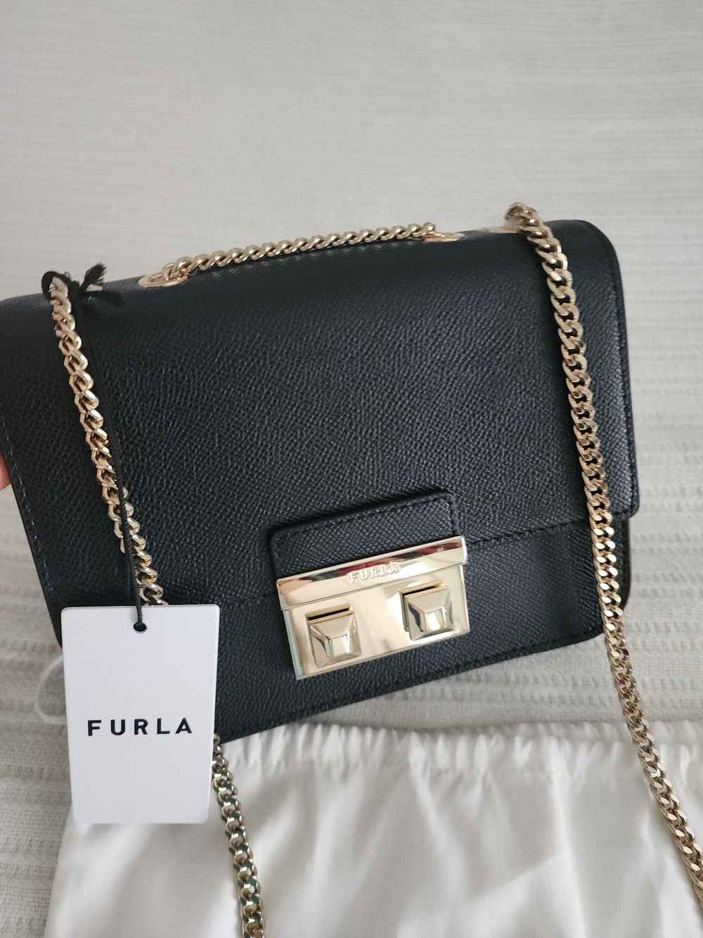 NWT Furla Black Leather Chain Shoulder Bag Made In ITALY